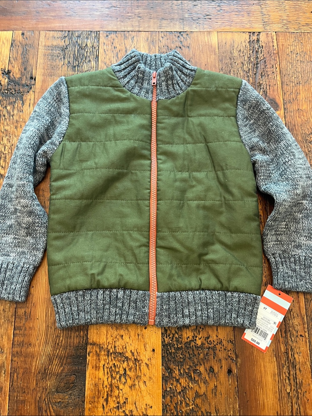 Cat & Jack Olive Green Quilted Front Zip Jacket with Heather Gray Sleeves